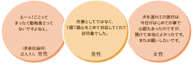 ・えーっ！ここってまったく動物臭さってないですよねぇ。　・1頭ずつ作業としてではなく、1匹1匹心をこめて対応してくれて好印象でした。　・今日は旅行2泊目です。ここは綺麗ですね。安心して預けられます。ゆっくりとくつろぎます。