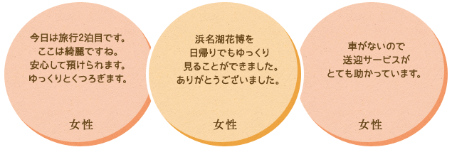 ・いつもトリミングを利用しています。キレイにケアしてくれて安いのでうれしいです。　・エクシブ浜名湖の旅行で去年の暮れに利用しました。良かったのでまたお願いします。　・車がないので送迎サービスがとても助かっています。