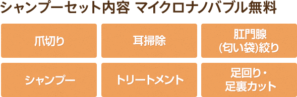 【シャンプーセット内容】 爪切り、耳掃除、肛門線絞り、シャンプー、トリートメント、足回り・足裏カット込